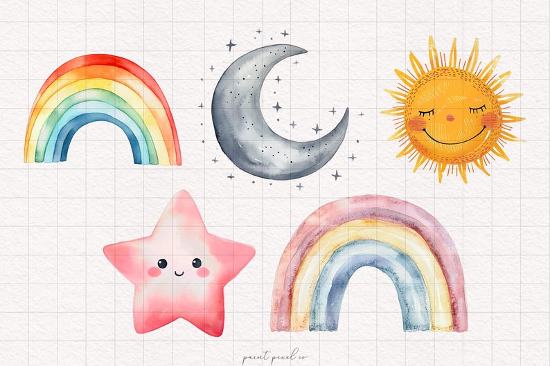 Rainbow Clipart Sun Stars Clouds PNG Moon Sky Elements Watercolor Cute ...