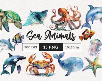 Ocean Animals PNG Undersea watercolor clipart octopus shark jellyfish whale Cute Ocean animals Sea Turtle PNG Sublimation Baby shower art