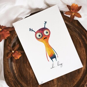 Puede incluir: Una ilustraci&oacute;n de acuarela de un monstruo de dibujos animados colorido con ojos grandes y el texto "uh... hey".