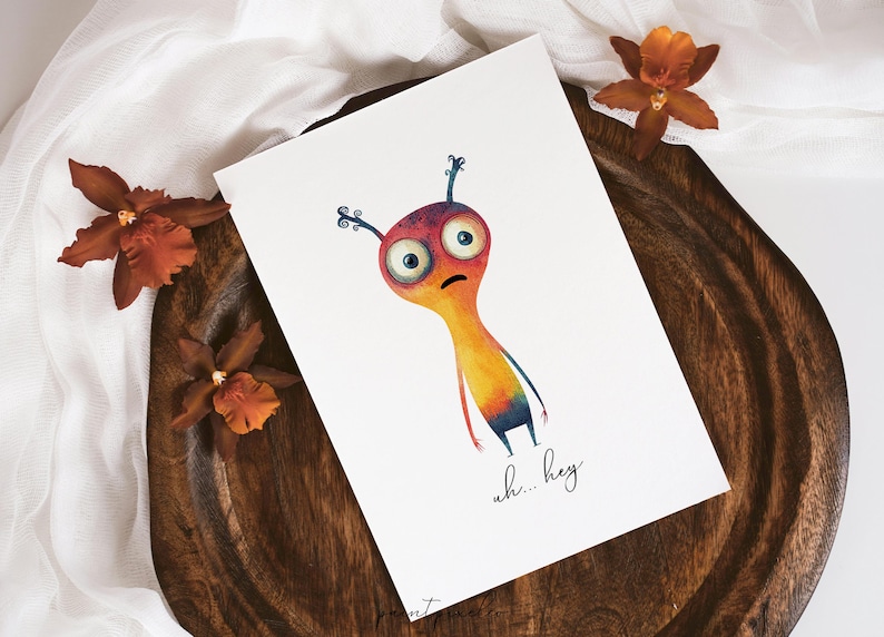 Puede incluir: Una ilustraci&oacute;n de acuarela de un monstruo de dibujos animados colorido con ojos grandes y el texto "uh... hey".