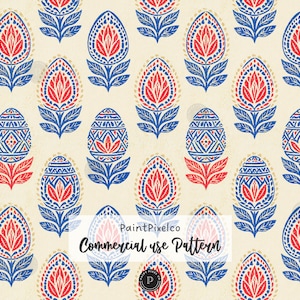 May include: A repeating pattern on a cream background featuring stylized floral motifs in red and blue. The design includes alternating egg-shaped and pointed petal shapes with intricate line work. Text reads PaintPixelco Commercial use Pattern.