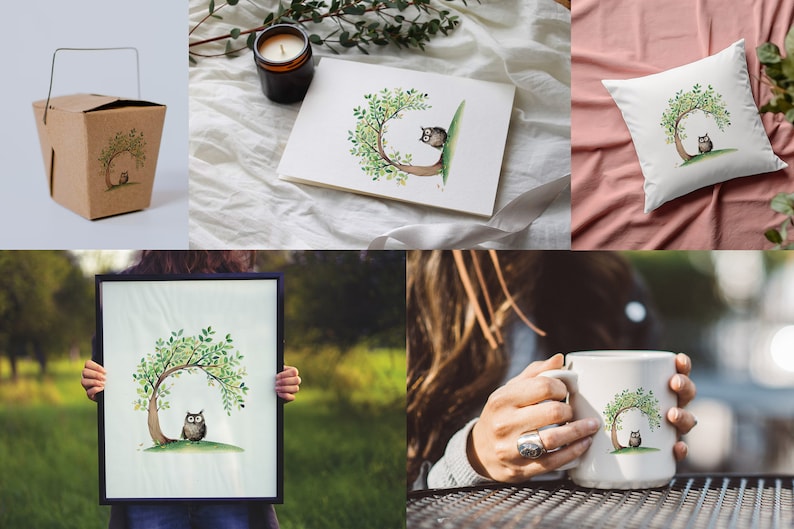 Peut inclure: Une illustration aquarelle d'un hibou assis dans un arbre aux feuilles vertes. L'illustration est disponible sur une vari&eacute;t&eacute; de produits, notamment une tasse, un coussin, un sac fourre-tout et une impression encadr&eacute;e.
