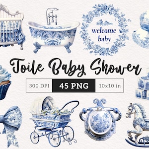 Blauwe Toile Baby Shower Clipart chinoiserie PNG aquarel welkom baby Franse kinderdagverblijf jongen Toile De Jouy kaart maken boog graphics afdrukbare
