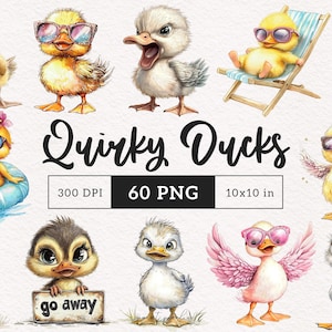 Quirky Duck Clipart Summer Watercolor Ducks PNG Whimsical Duck Print Sublimation clip art Bird Duckling Whimsy graphics Funny illustration