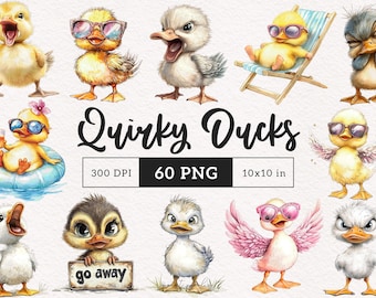 Schrullig Ente Clipart Sommer Aquarell Enten PNG Wunderliche Ente Druck Sublimation Clip Art Vogel Entlein Whimsy Grafiken Lustige Illustration