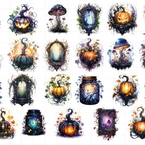 K&ouml;nnte beinhalten: Eine Sammlung von 20 digitalen Illustrationen mit K&uuml;rbissen, Gl&auml;sern und Fenstern in einem gruseligen, fantasievollen und herbstlichen Thema. Die Illustrationen sind vor einem wei&szlig;en Hintergrund platziert und weisen komplizierte Details und leuchtende Farben auf.