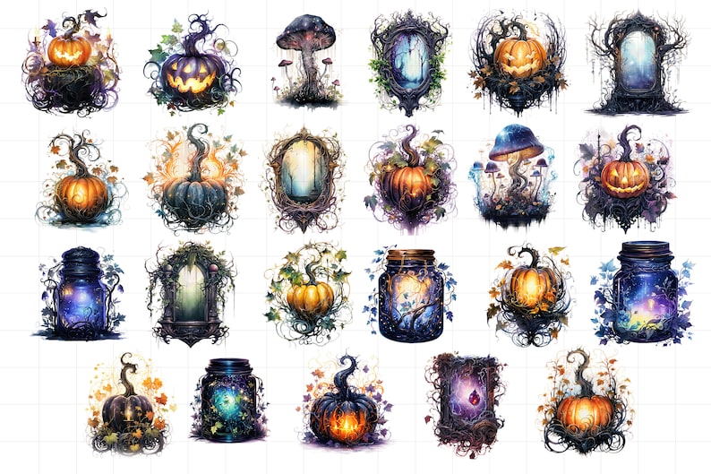 K&ouml;nnte beinhalten: Eine Sammlung von 20 digitalen Illustrationen mit K&uuml;rbissen, Gl&auml;sern und Fenstern in einem gruseligen, fantasievollen und herbstlichen Thema. Die Illustrationen sind vor einem wei&szlig;en Hintergrund platziert und weisen komplizierte Details und leuchtende Farben auf.