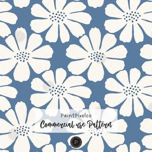 May include: A repeating surface pattern featuring large, off-white, stylized daisy-like flowers on a dusty blue background. The design includes a central white rectangular overlay with the text PaintPixelco Commercial use Pattern.