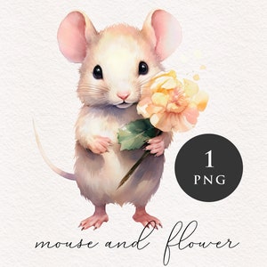 Souris et fleur PNG clipart doux petit animal Nursery Clip art adorable rongeur graphiques bois PNGs Sublimation Card making Journaling