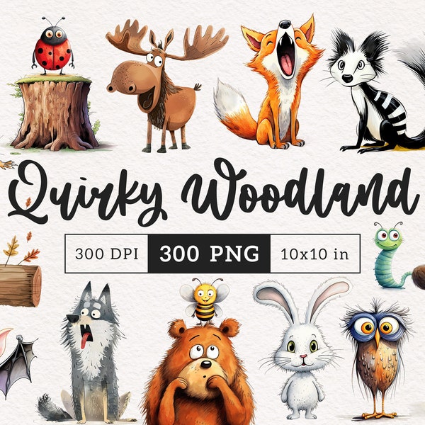 Quirky Woodland Animals PNG Clipart Whimsical Bear Forest Animal graphics Funny Fox Silly Deer Cute Sublimation clip art Whimsy illustration