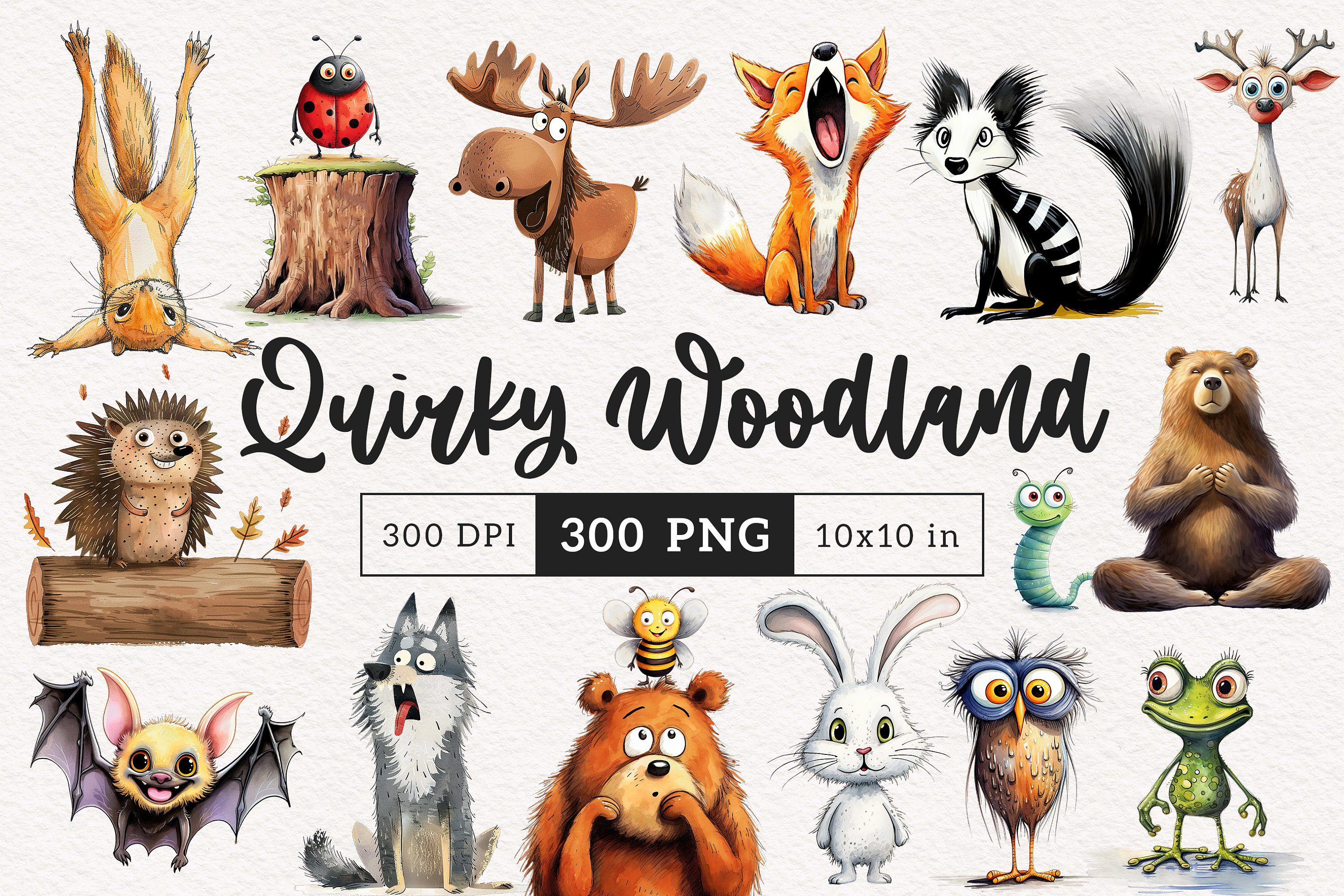 Quirky Woodland Animals PNG Clipart Whimsical Bear Forest Animal graphics Funny Fox Silly Deer Cute Sublimation clip art Whimsy illustration
