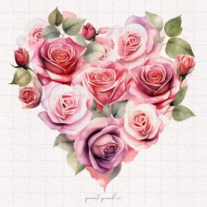 Puede incluir: Ilustraci&oacute;n en acuarela de una disposici&oacute;n en forma de coraz&oacute;n de rosas rosas y rojas, con hojas verdes. Las rosas est&aacute;n en varias etapas de floraci&oacute;n, creando un dise&ntilde;o floral rom&aacute;ntico. El fondo es un patr&oacute;n de cuadr&iacute;cula blanca.