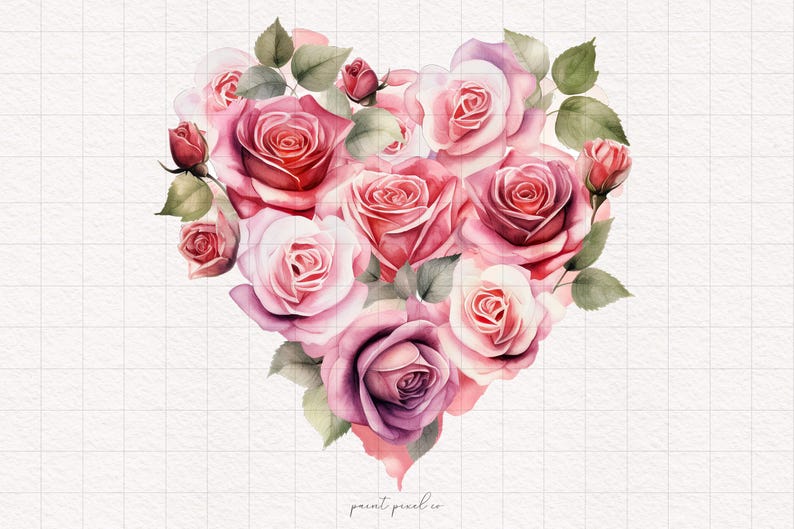 Puede incluir: Ilustraci&oacute;n en acuarela de una disposici&oacute;n en forma de coraz&oacute;n de rosas rosas y rojas, con hojas verdes. Las rosas est&aacute;n en varias etapas de floraci&oacute;n, creando un dise&ntilde;o floral rom&aacute;ntico. El fondo es un patr&oacute;n de cuadr&iacute;cula blanca.