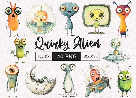 Quirky Alien clipart PNG Whimsical ETC Funny Futuristic Aliens Sublimation clip art Whimsy graphics Cute illustrations Space theme UFO