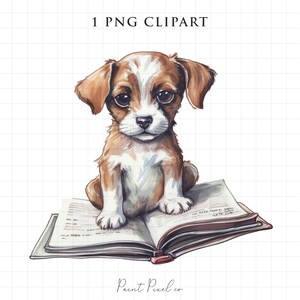 Hund Clipart PNG Aquarell Hund Buch Clipart Lesen Welpen PNG Niedliche Clipart Sublimationskarte machen Scrapbook Geschenk Handwerk Freie kommerzielle Nutzung