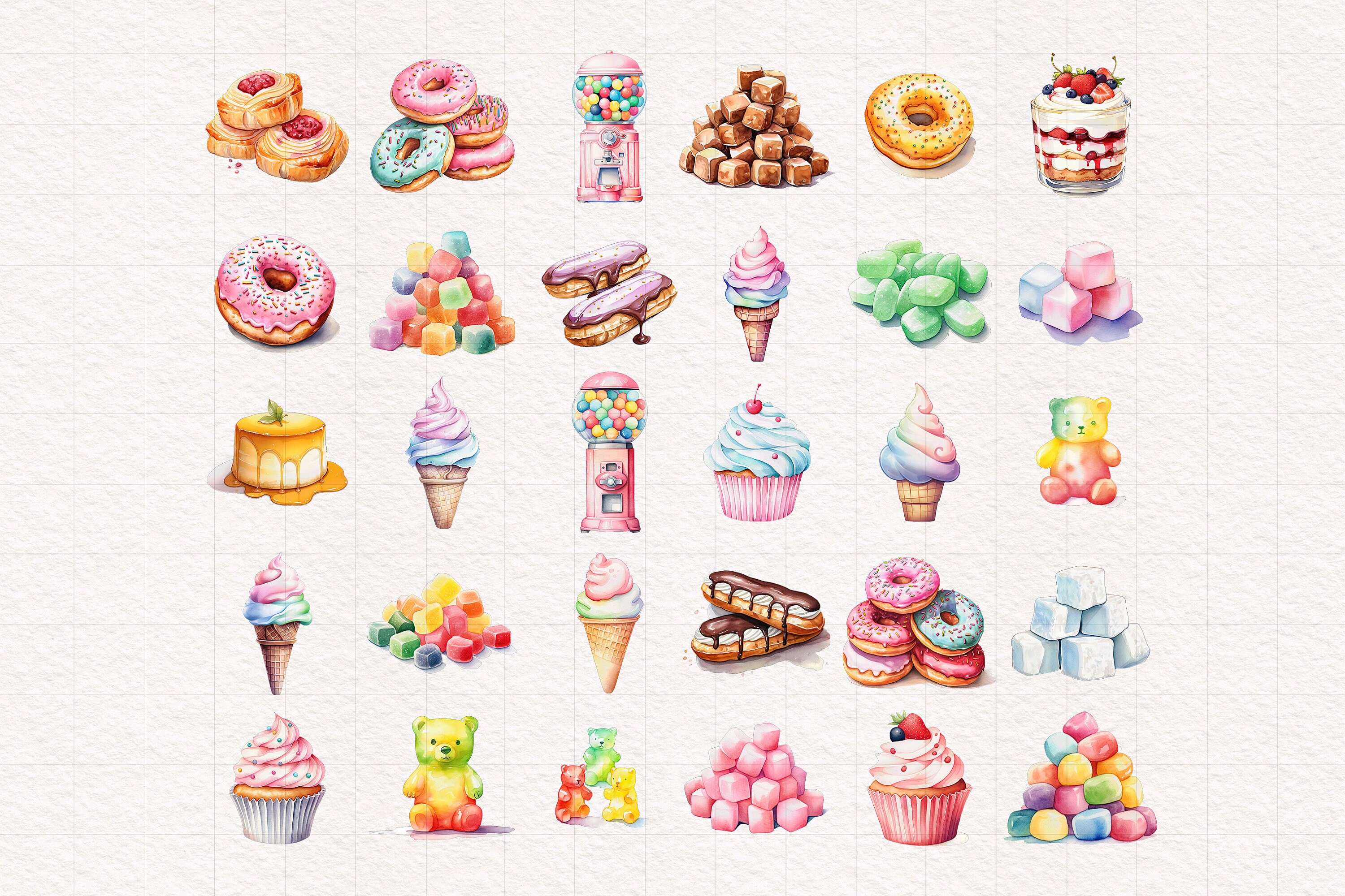Watercolor Pastel Sweets Clipart Rainbow Sweet Treats PNG Macarons Cupcakes  Ice Cream Gummy Bears Cakes Cotton Candy Floss Dessert Lollipop - Etsy, image size:3000x2000