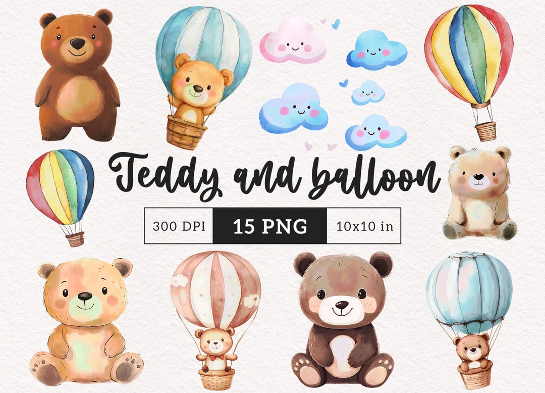 Cute Teddy Bear Clipart Hot Air Balloon Nursery Baby Shower Kids ...