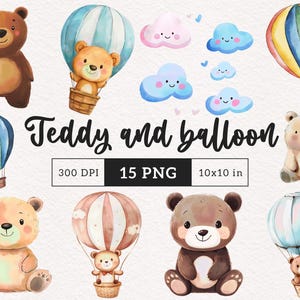 Urso de pelúcia fofo clipart balão de ar quente berçário chá de bebê crianças ilustração gráfica PNG sublimação cartão fazendo impressão uso comercial