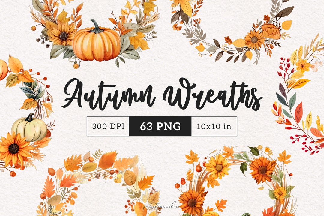 Autumn Wreath Clipart Orange Flowers PNG Watercolor Fall Floral ...