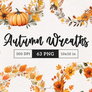 Guirlanda de outono Clipart Laranja Flores PNG Aquarela Outono floral Gráficos Brilhante Círculo de outono Floresce Ilustração botânica vibrante Flores