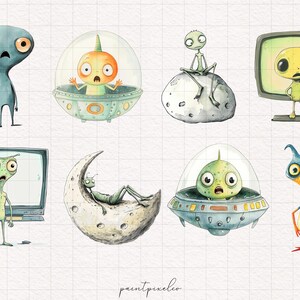 Puede incluir: Una ilustraci&oacute;n digital de ocho extraterrestres verdes, azules y amarillos en varias poses. Algunos extraterrestres est&aacute;n en naves espaciales, otros en lunas y uno est&aacute; en una pantalla de televisi&oacute;n. La ilustraci&oacute;n est&aacute; hecha en estilo acuarela.