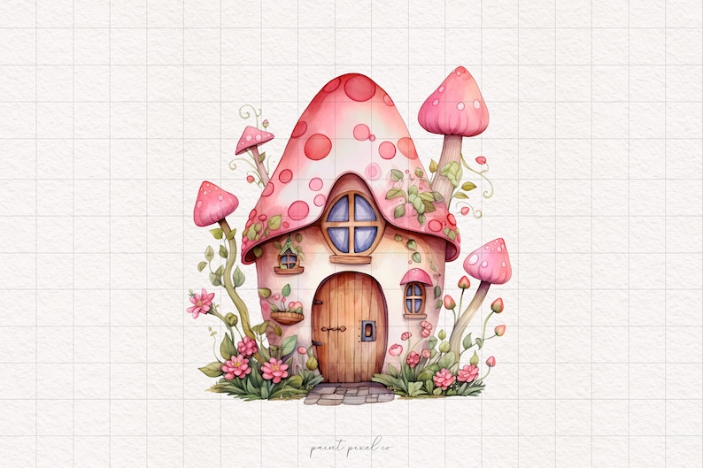 Pink Toadstool House Clipart Enchanted Mushroom Fairy PNG Pink ...