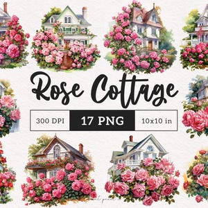 Rose Cottage PNG Kwiatowy Clipart Akwarela Wiosenny Dom Różany Krzew Sublimacja Ogród Róże Elegancki Papier Rzemieślniczy Junk Dziennik Zestaw Do Wydrukowania