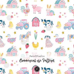 Puede incluir: Un patrón repetitivo sobre fondo blanco con ilustraciones en acuarela de graneros rosas, cerdos rosas, gallos, conejos, tractores azules, vacas, pollitos amarillos, caballos, patos, perros, fresas, tulipanes y estrellas doradas con el texto PaintPixelco Commercial use Pattern.