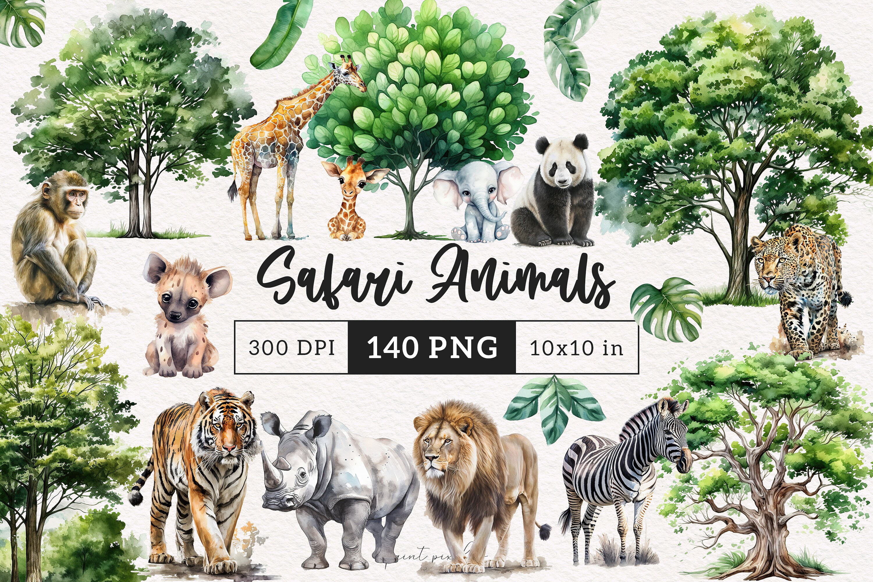 Watercolor Safari Animals Clipart Cute Wild Animal PNG Baby Animals ...