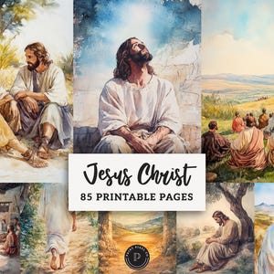 Könnte beinhalten: Eine Sammlung von Aquarellillustrationen, die Szenen aus dem Leben Jesu Christi darstellen. Die Bilder zeigen Figuren in fließenden Gewändern, die in Außen- und Innenräumen dargestellt sind. Der Text auf dem Bild lautet "Jesus Christ" und "85 druckbare Seiten."