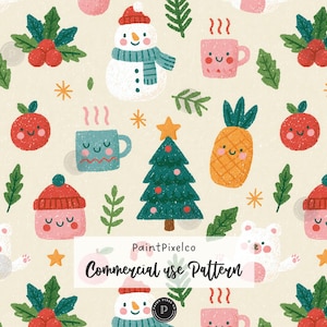 May include: A repeating pattern on a cream background featuring illustrations of snowmen with blue scarves, pineapples, Christmas trees, red berries, green leaves, pink and blue mugs with faces, and white bears with the text PaintPixelco Commercial use Pattern.