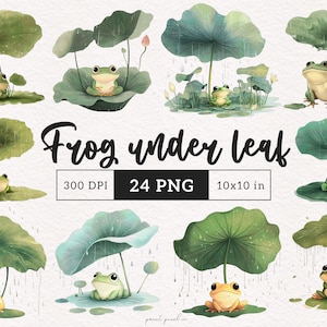 Puede incluir: 24 ilustraciones digitales de ranas verdes sentadas debajo de grandes hojas verdes. Las hojas tienen forma de nenúfares y caen gotas de lluvia de ellas. Las ilustraciones están en un estilo de acuarela y son perfectas para agregar un toque de fantasía a tus proyectos.