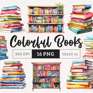 May include: A set of 16 watercolor illustrations of colorful books, including stacks of books, a bookshelf filled with books, and a bookshelf with a few books and decorative items. The illustrations are 300 DPI and 10x10 inches.