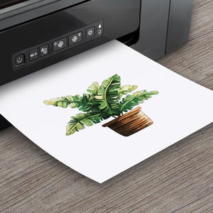 May include: A watercolor illustration of a potted plant with green leaves. The plant is in a brown pot and is printed on a white sheet of paper.