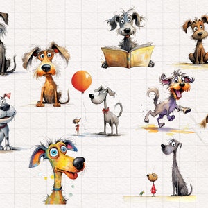 K&ouml;nnte beinhalten: Eine Sammlung skurriler Aquarellillustrationen verschiedener Zeichentrickhunde. Die Hunde werden in verschiedenen Posen und Ausdr&uuml;cken dargestellt, einige mit Luftballons, B&uuml;chern und interagierend mit einer kleinen Figur. Die Farbpalette umfasst Braun-, Grau- und Oranget&ouml;ne.