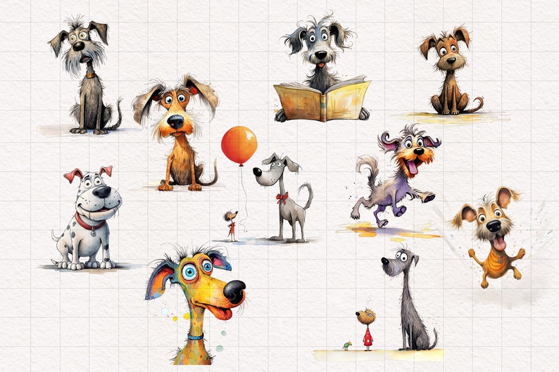 K&ouml;nnte beinhalten: Eine Sammlung skurriler Aquarellillustrationen verschiedener Zeichentrickhunde. Die Hunde werden in verschiedenen Posen und Ausdr&uuml;cken dargestellt, einige mit Luftballons, B&uuml;chern und interagierend mit einer kleinen Figur. Die Farbpalette umfasst Braun-, Grau- und Oranget&ouml;ne.
