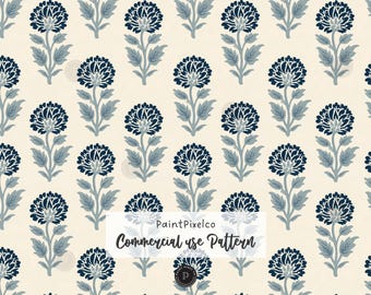 Boho Floral Jaipur Seamless Pattern Rustic Blue Cottagecore Folk Art Background (Commercial Use) (Digital Download)