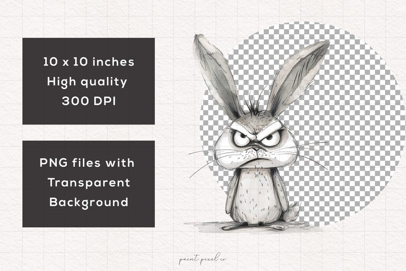 May include: A black and white digital illustration of a rabbit with an angry expression. The rabbit is drawn in a cartoon style with exaggerated features. The background is transparent.