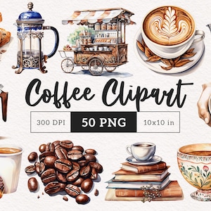 Coffee Clipart Watercolor Coffee lover PNG Moka pot beans caffeine French press iced coffee cart Paper Crafting Junk Journal Printable