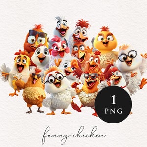 Funny Chickens clipart PNG Cute Hen Rooster clip art cartoon bird 3d Sublimation transfer PNGs Journal craft card making Tee Tshirt graphics