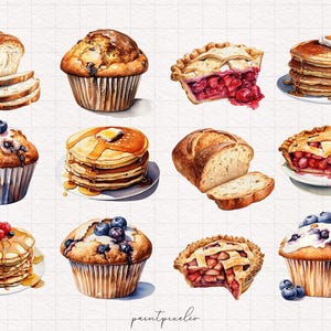 May include: Watercolor illustration of various baked goods, including muffins, pies, bread, and pancakes. The illustration features a variety of colors and textures, including brown, white, red, and blue.
