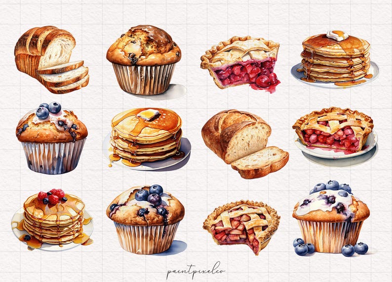 May include: Watercolor illustration of various baked goods, including muffins, pies, bread, and pancakes. The illustration features a variety of colors and textures, including brown, white, red, and blue.