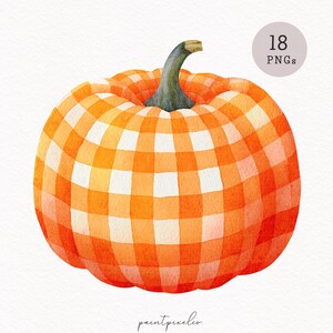 May include: Watercolor illustration of a round pumpkin with a vibrant orange and white gingham pattern. The pumpkin has a green stem and is set against a white background. A small, gray circle with the text "18 PNGs" is in the upper right corner.