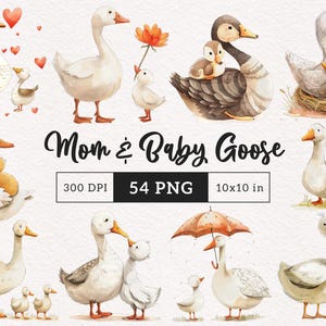 May include: Watercolour illustrations of geese, including adult geese and goslings. The images feature various poses, such as geese with their young, and geese with flowers and hearts. The text "Mom & Baby Goose" is displayed.