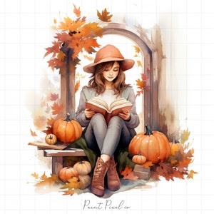 8 Girl Reading Clipart High Quality JPGs Autumn Book lover clipart Sublimation Junk Journal Digital paper crafting Commercial License