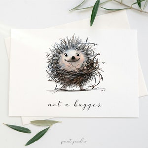 May include: A watercolor illustration of a hedgehog with a smiling face, surrounded by twigs and branches. The text "not a hugger" is written below the hedgehog.