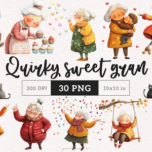 Douce grand-mère Clipart décalé vieille femme PNG dessin animé adorable heureuse grand-mère avec petit-enfant Sublimation réconfortante vieille dame fabrication de cartes