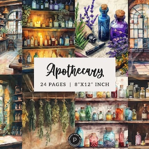 Könnte beinhalten: Aquarell-Illustration einer Apotheke mit Regalen voller Glasflaschen und Gläser. Das Bild enthält den Text "Apothecary" und "24 PAGES | 8"X12" INCH" (ca. 20x30 cm). Die Szene wird von warmem Licht beleuchtet, was einen Vintage-Look erzeugt.