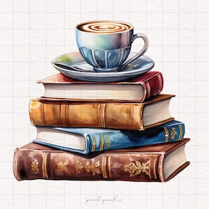May include: A stack of five vintage hardcover books with a blue and white coffee cup on top. The books have ornate designs and are in various shades of brown, red, and blue.