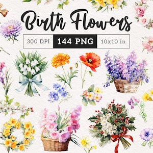 Ramo de flores de nacimiento PNG Mes de nacimiento Clipart Acuarela y estilo vintage mes de nacimiento flores clipart ilustración cumpleaños flor impresión DIY